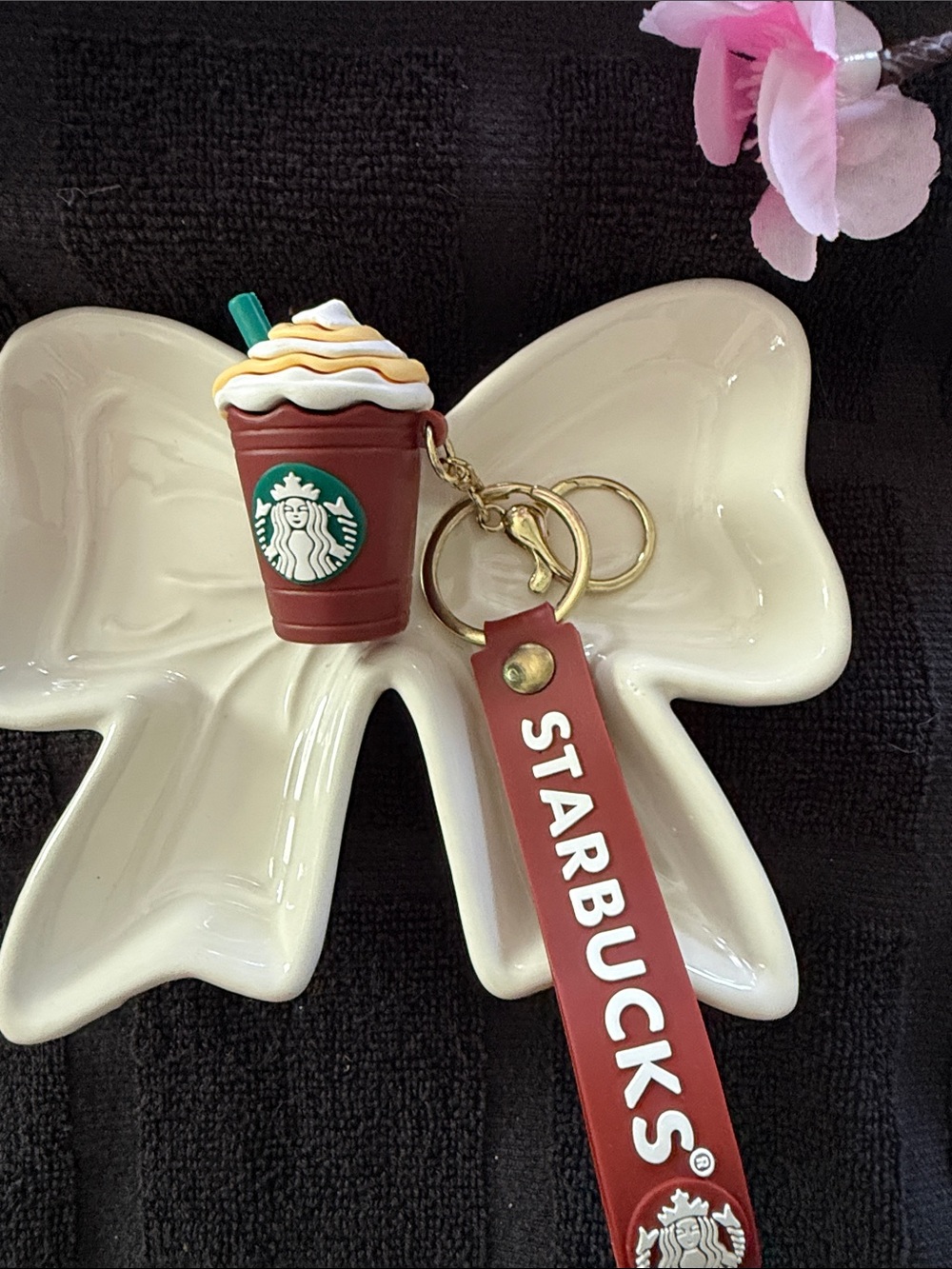 Starbucks Brown Cup Charm Keychain with Green Straw